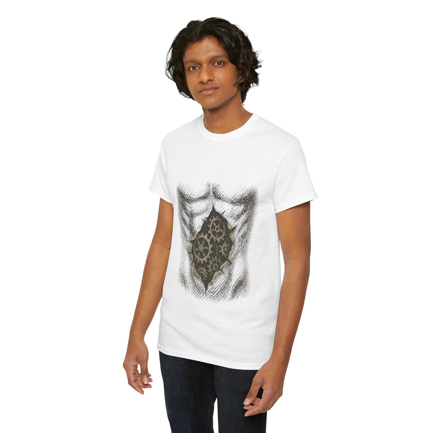 Biomechanik T-Shirt Unisex (Brustprint) – Realistisches Zahnräder-in-der-Haut Design | Steampunk & Cyborg Look für Technikfans
