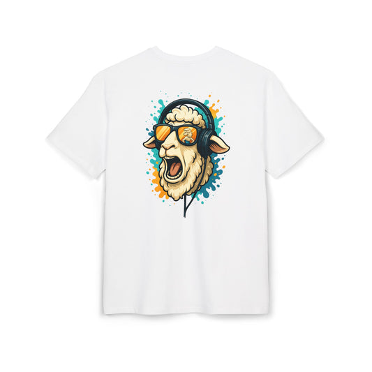 Lustiges Schaf T-Shirt (Rückenprint) – Cooles Cartoon-Motiv mit Kopfhörer & Sonnenbrille – Unisex Shirt für Musikfans & Tierliebhaber