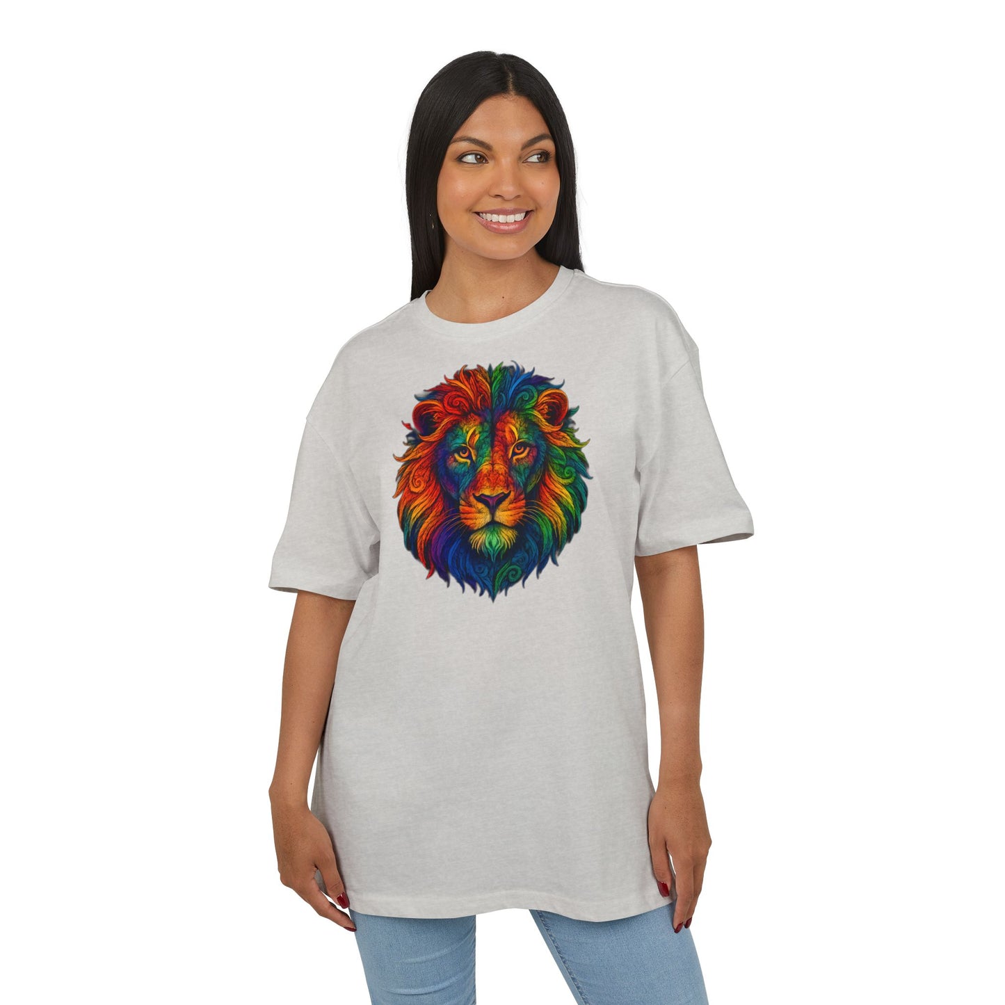 Buntes Löwen T-Shirt (Brustprint) – Psychedelisches Tiermotiv im Boho-Stil – Unisex Oversize Shirt für Kunst-, Natur- & Festival-Fans