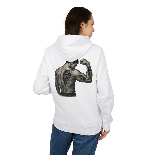 Biomechanik Hoodie Unisex (Rückenprint) – Muskel-Cyborg Design mit Zahnrädern & Maschinenstruktur | Futuristischer Techwear Kapuzenpullover für Sci-Fi & Fitness Fans