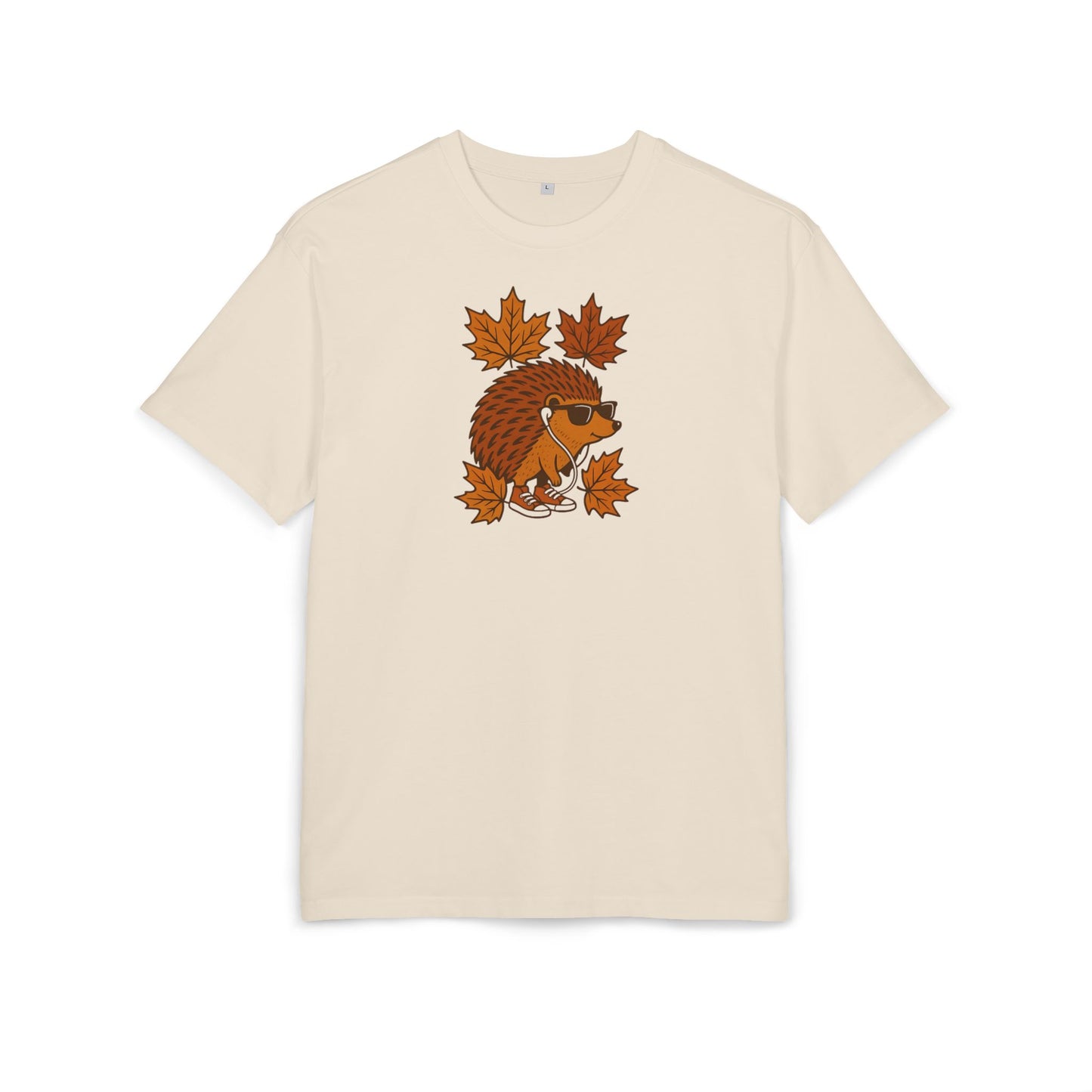 Herbst Igel T-Shirt (Brustprint) – Lustiges Cartoon Design mit Sonnenbrille, Kopfhörern & Ahornblättern