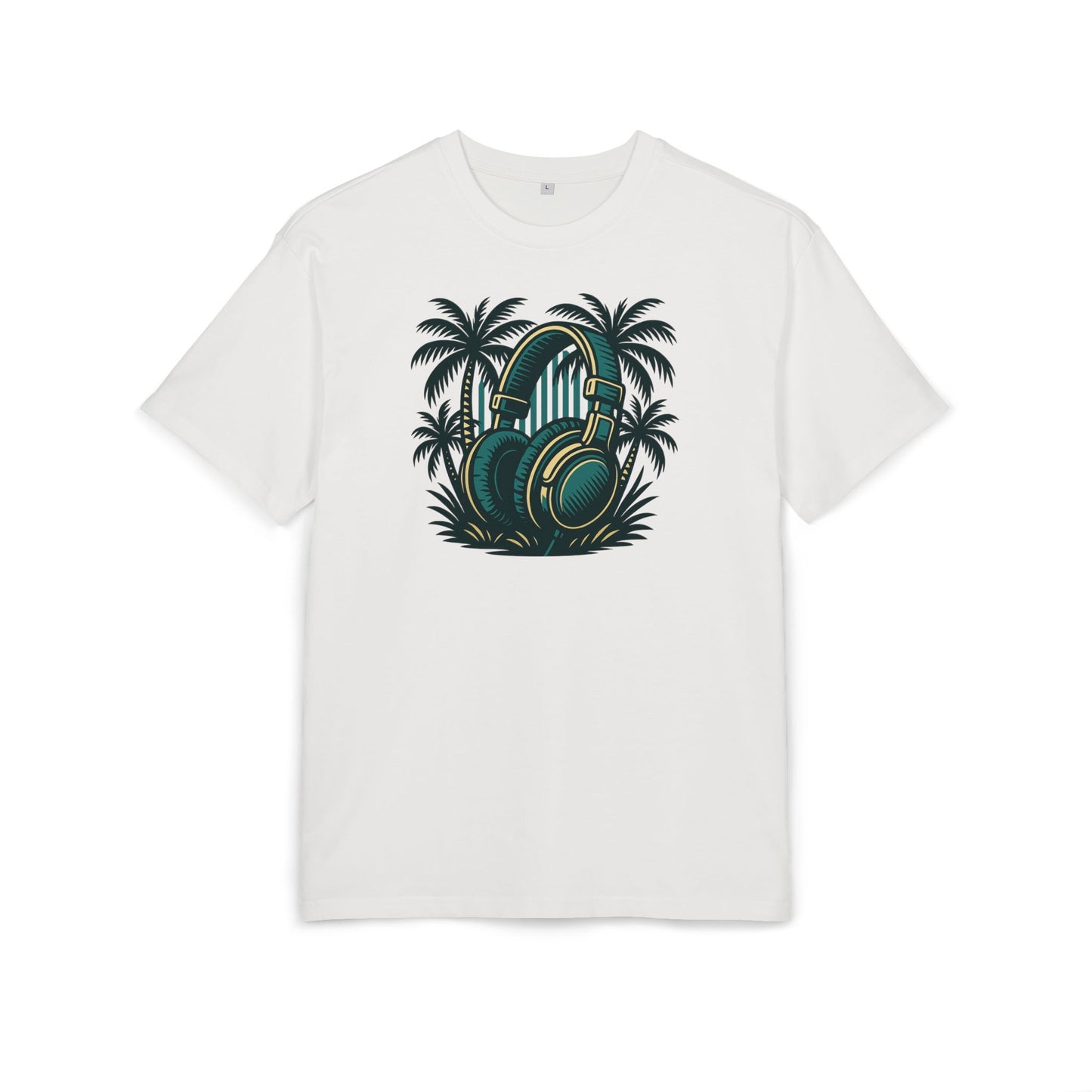Retro T-Shirt mit Kopfhörer & Palmen (Brustprint)– Musik & Beach Vibes im Vintage Look