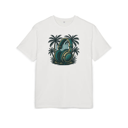 Retro T-Shirt mit Kopfhörer & Palmen (Brustprint)– Musik & Beach Vibes im Vintage Look