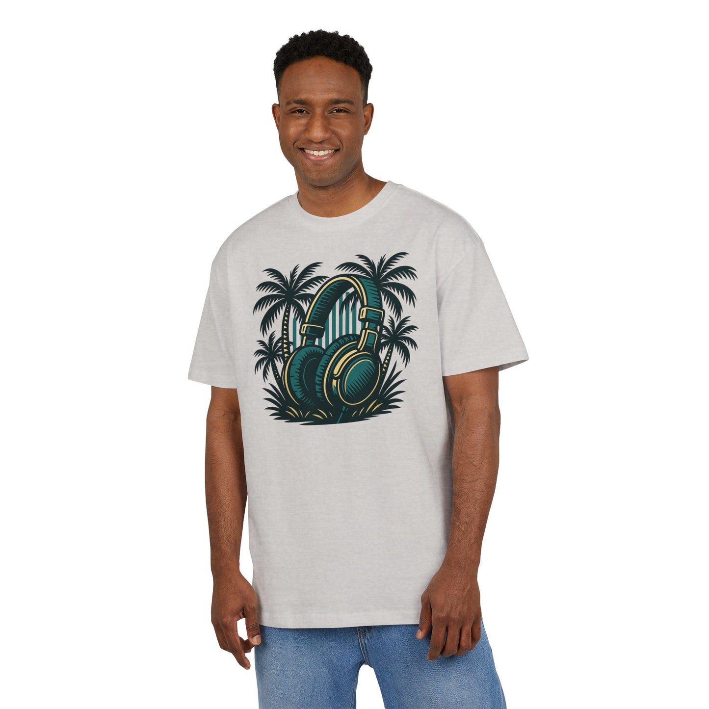 Retro T-Shirt mit Kopfhörer & Palmen (Brustprint)– Musik & Beach Vibes im Vintage Look