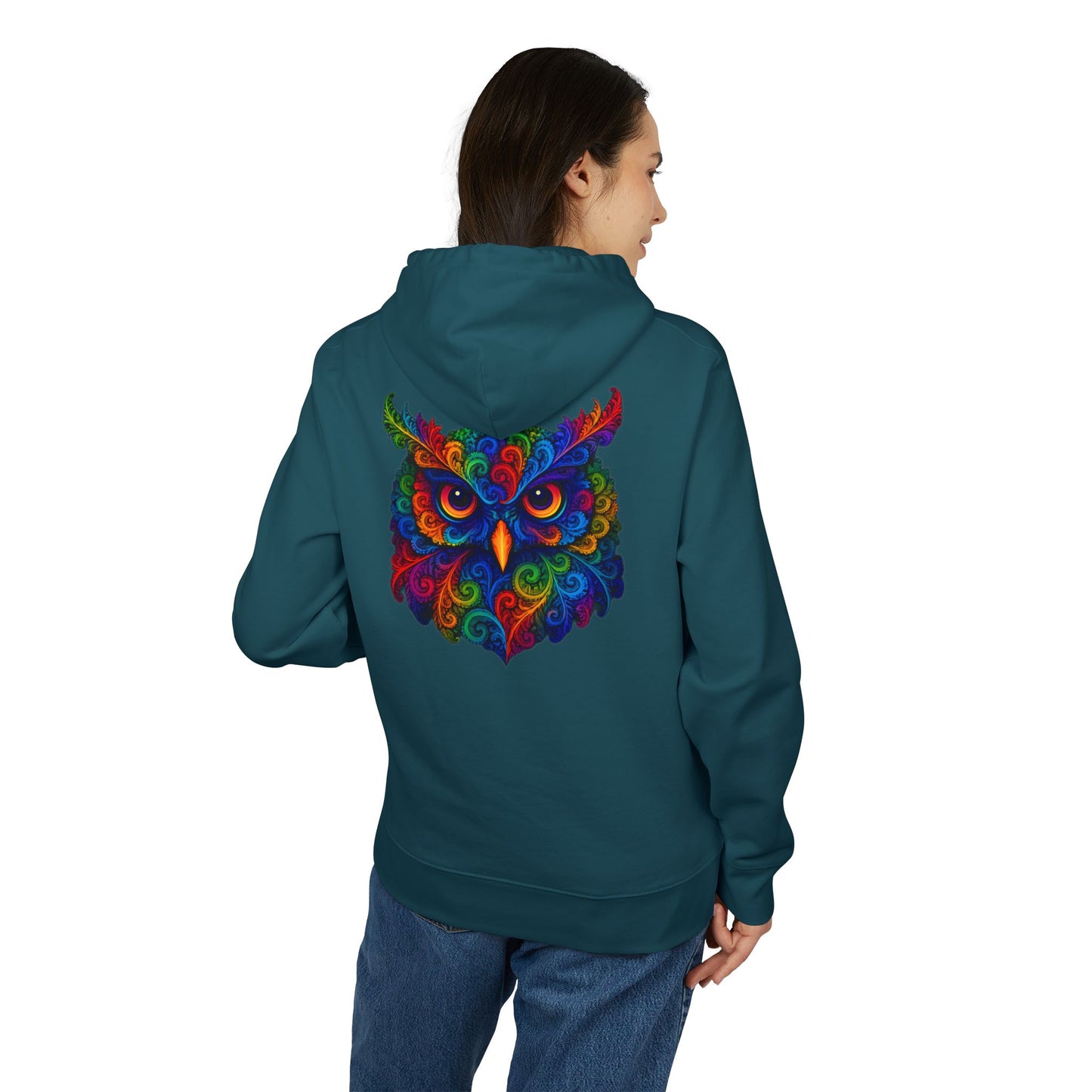 Bunter Eulen Hoodie (Rückenprint) – Psychedelischer Boho Kapuzenpullover mit Tiermotiv – Unisex Streetwear für Kunst- & Festival-Fans