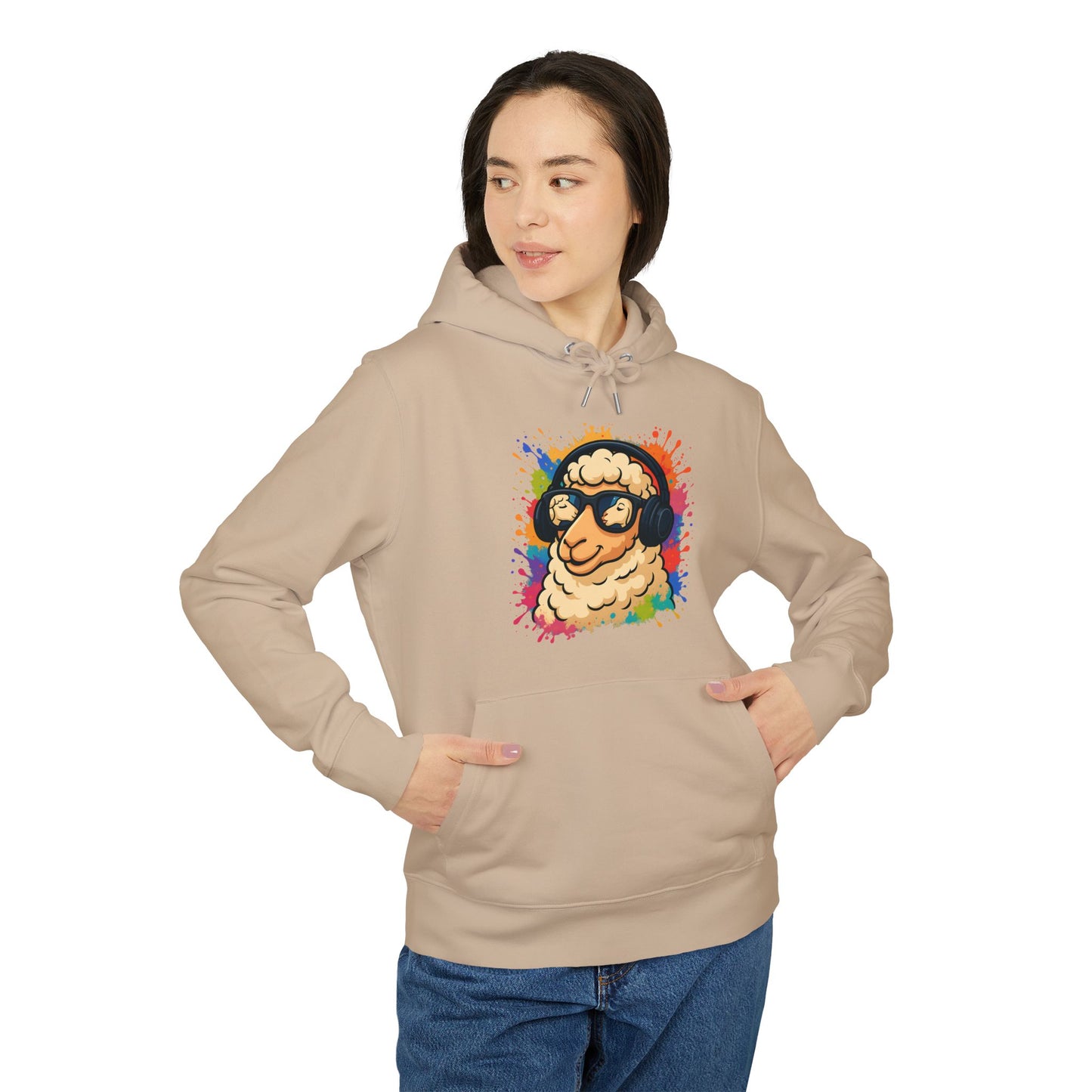 Schaf Hoodie (Brustprint) – Lustiger Unisex Kapuzenpullover mit Kopfhörer-Schaf & buntem Farbspritzer-Design