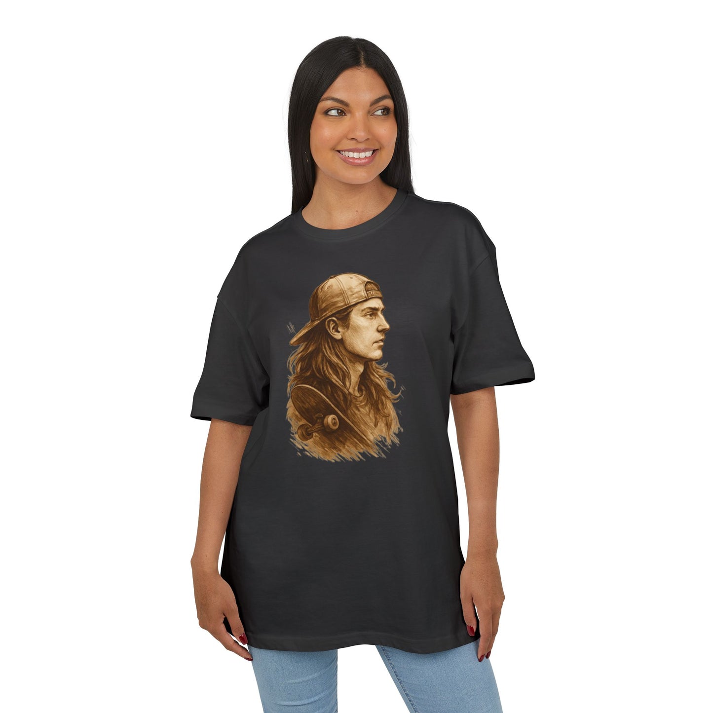 Skater Style T-Shirt (Brustprint) – Retro Kunst-Design mit Langhaar-Skater und Cap – Vintage Skateboard Look