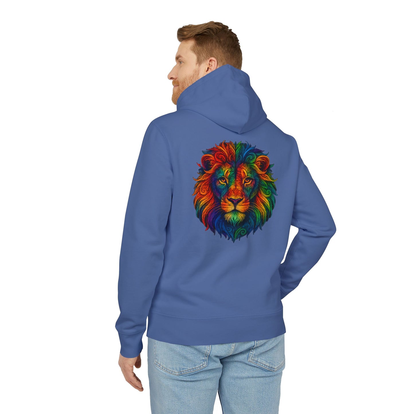 Bunter Löwen Hoodie (Rückenprint) – Psychedelischer Kapuzenpullover mit Tiermotiv – Unisex Streetwear im Boho & Festival Stil