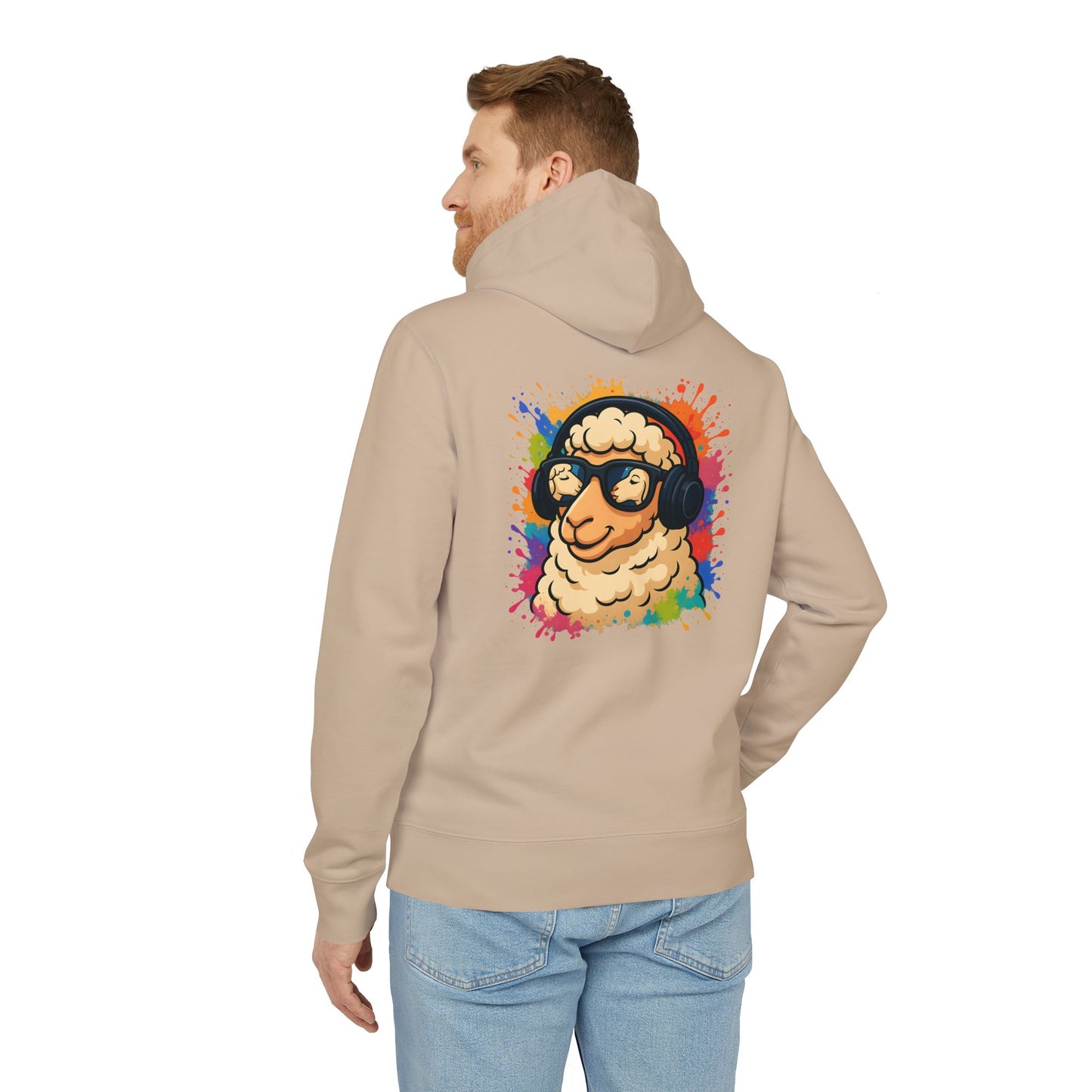 Schaf Hoodie (Rückenprint) – Lustiger Unisex Kapuzenpullover mit Kopfhörer-Schaf & buntem Farbspritzer-Design
