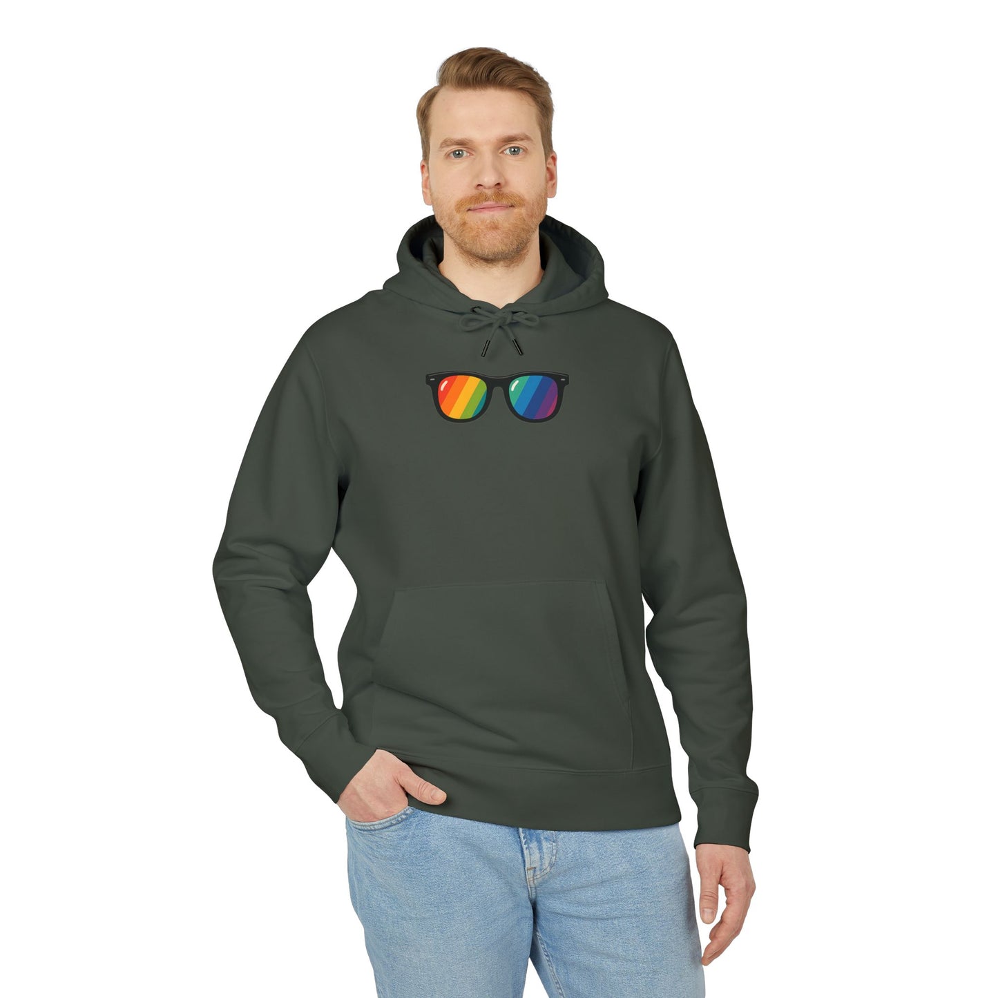 Regenbogen Sonnenbrille Hoodie (Brustprint) – Unisex Kapuzenpullover im bunten Pride Design für Festival & Streetwear