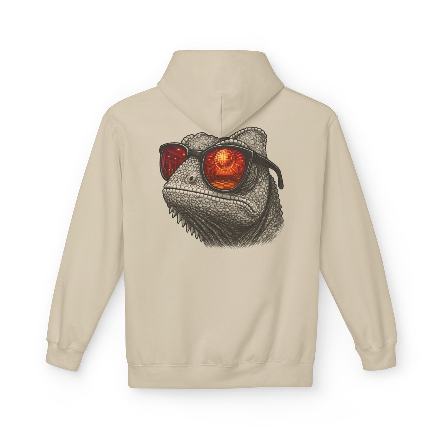 Chamäleon Hoodie Unisex (Rückenprint) – Retro Tiermotiv mit Sonnenbrille & Disco-Design – Lustiger Kapuzenpullover für Festival, Streetwear & Geschenkideen