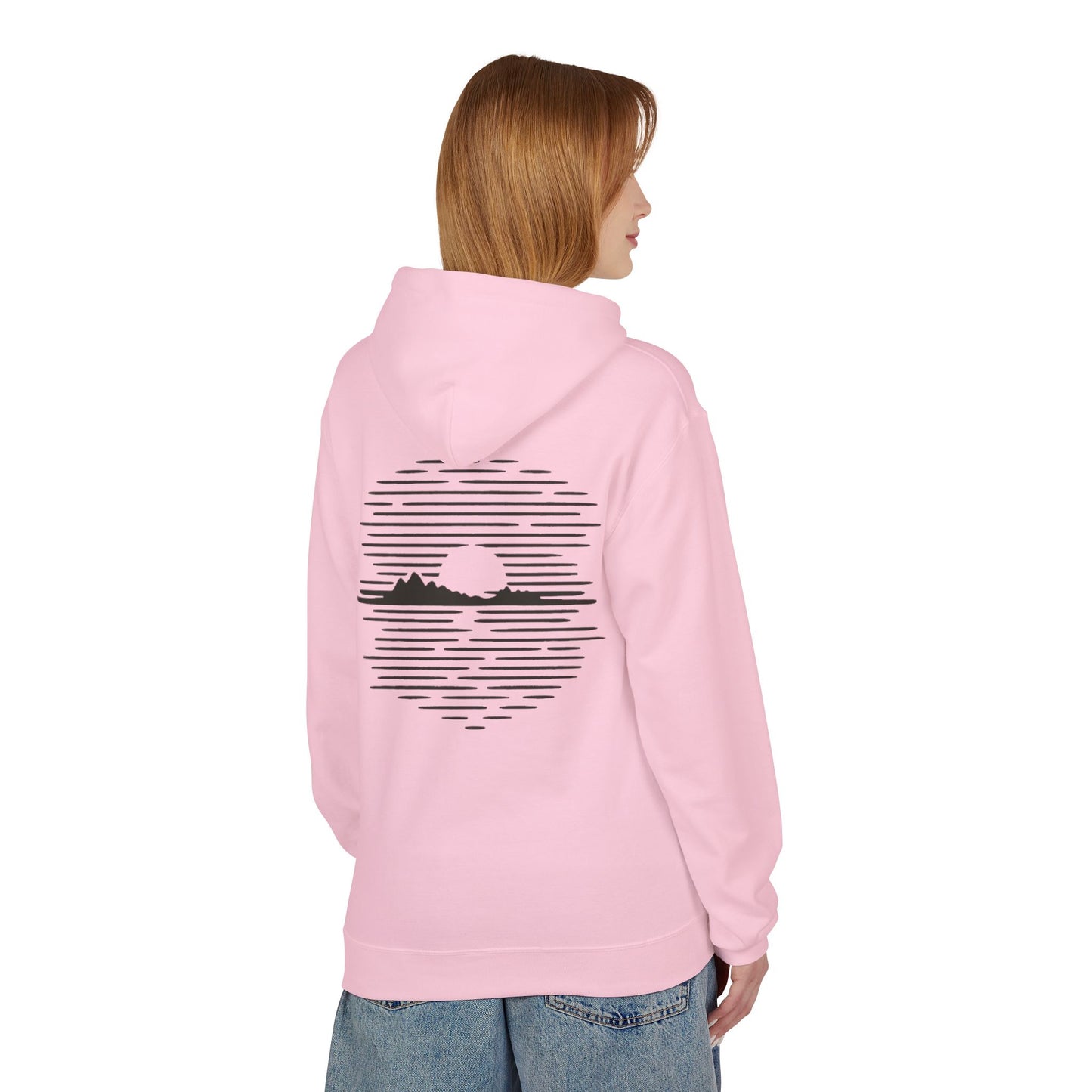 Unisex Hoodie mit Berg-Sonnenuntergang Design (Rückenprint) – Minimalistischer Natur Pullover aus Baumwolle