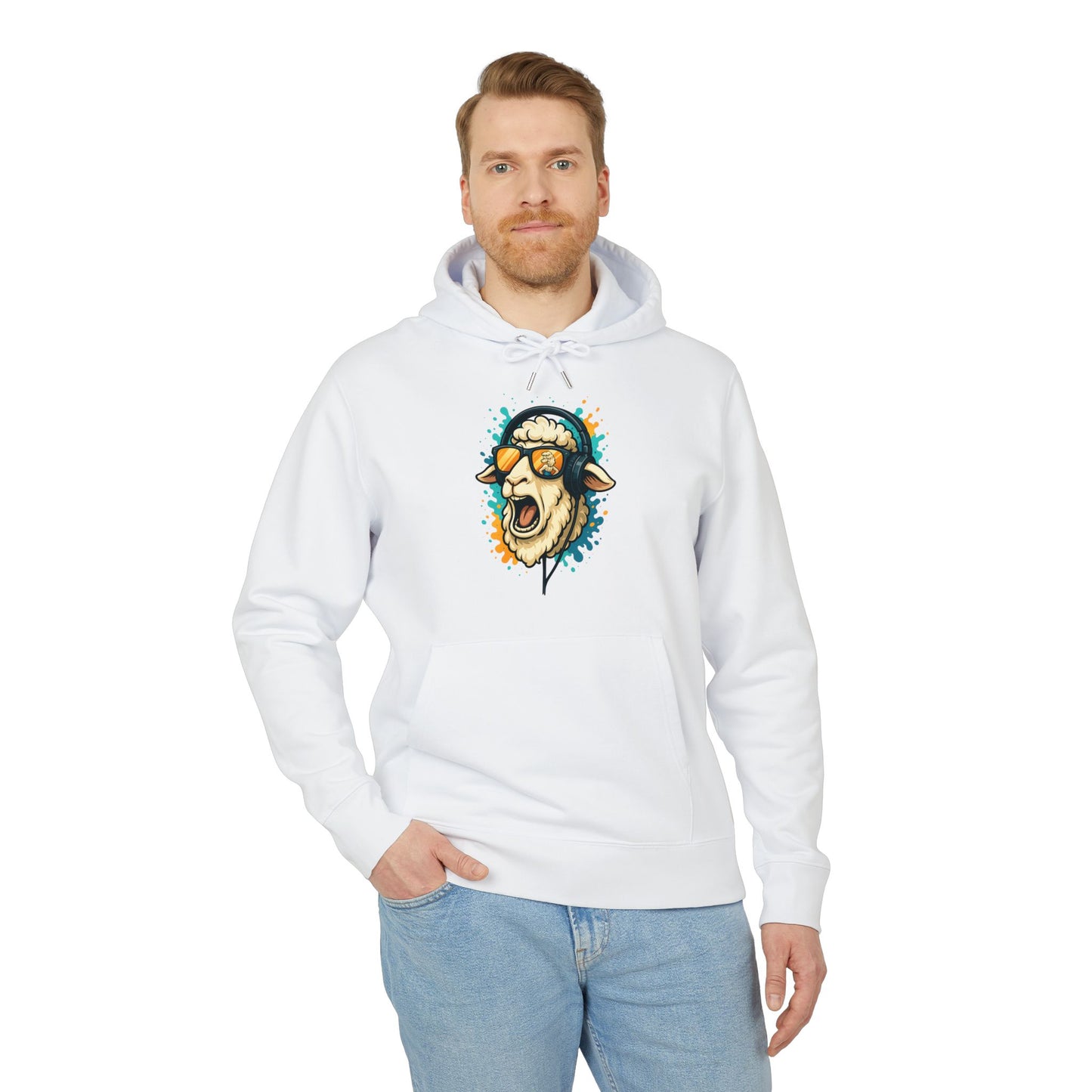 Lustiger Schaf Hoodie (Brustprint) – Unisex Kapuzenpullover mit Kopfhörer & Sonnenbrille – Musik Cartoon Streetwear für Tierfreunde