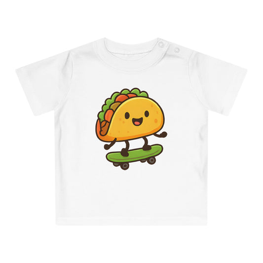 Baby T-Shirt „Taco Skater“ – Lustiges Taco-Motiv auf Skateboard, Bio-Baumwolle, nachhaltige Babybekleidung für kleine Trendsetter