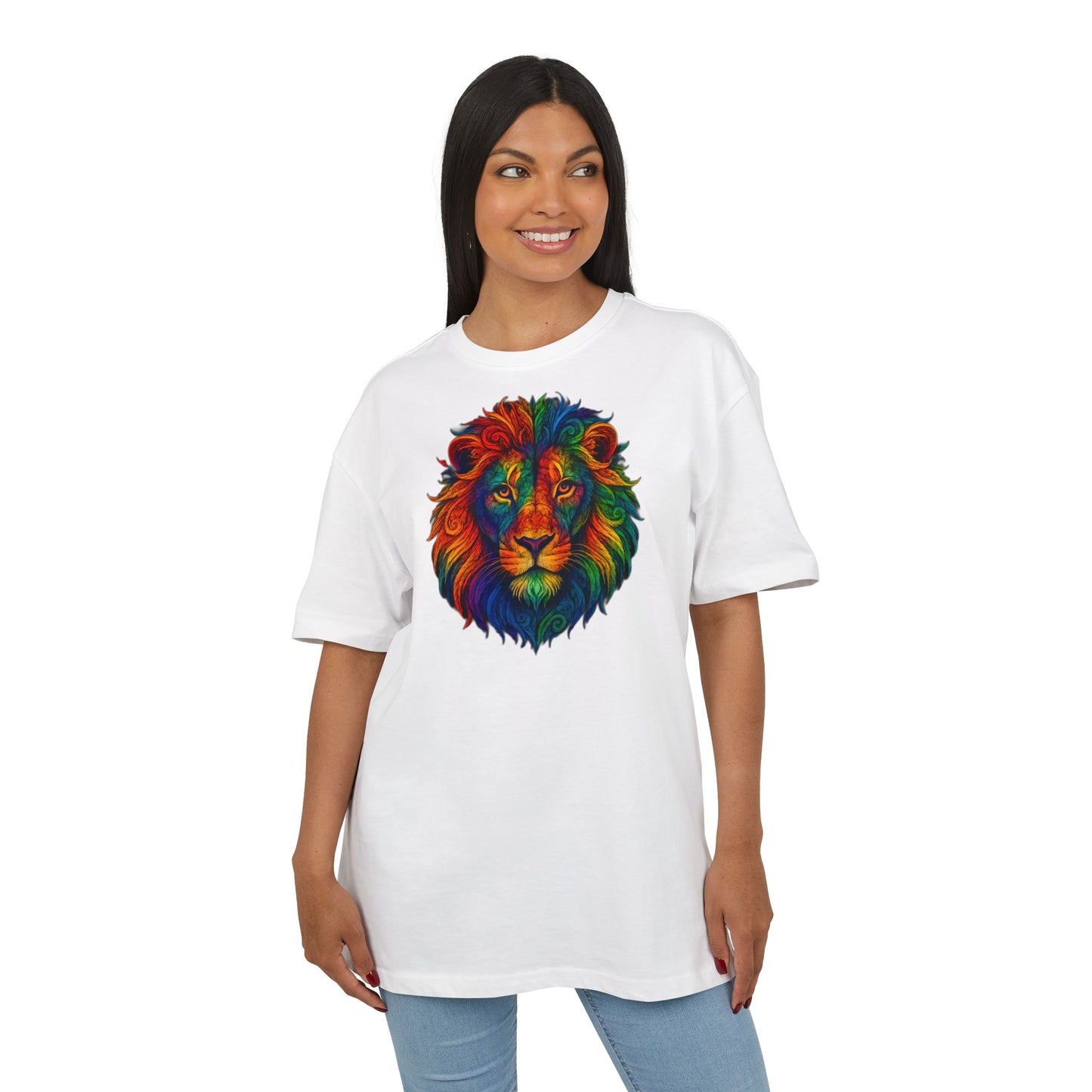 Buntes Löwen T-Shirt (Brustprint) – Psychedelisches Tiermotiv im Boho-Stil – Unisex Oversize Shirt für Kunst-, Natur- & Festival-Fans