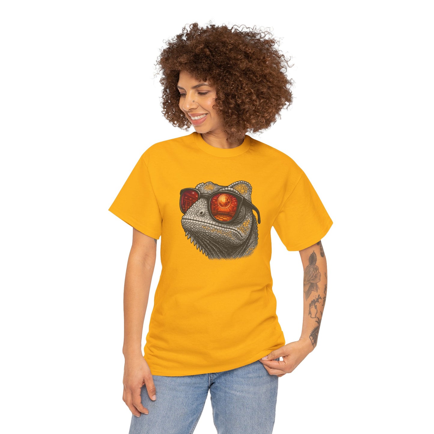 Chamäleon Disco T-Shirt (Brustprint) – Lustiges Tiermotiv mit Sonnenbrille | Retro Club Design für Tierfreunde & Festivalfans