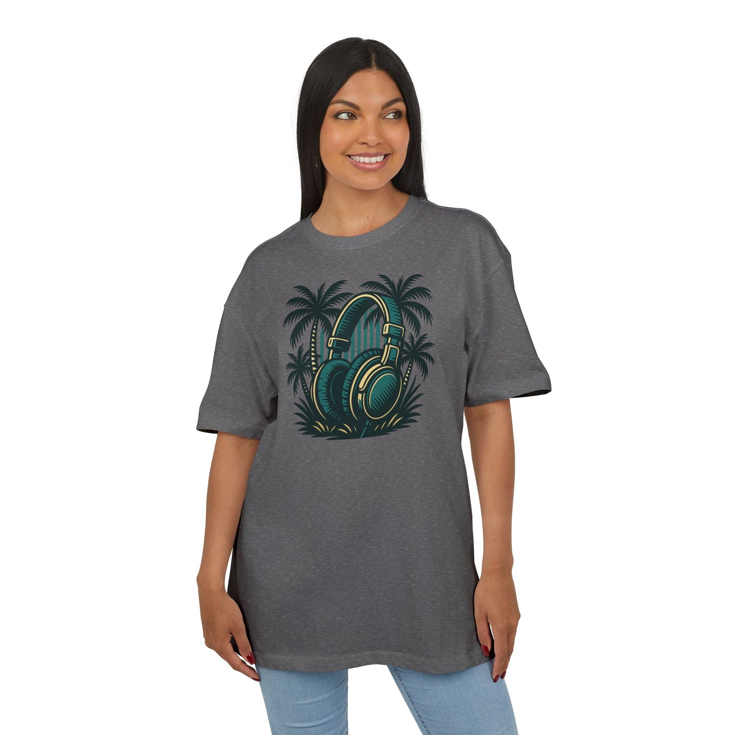Retro T-Shirt mit Kopfhörer & Palmen (Brustprint)– Musik & Beach Vibes im Vintage Look
