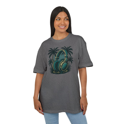 Retro T-Shirt mit Kopfhörer & Palmen (Brustprint)– Musik & Beach Vibes im Vintage Look