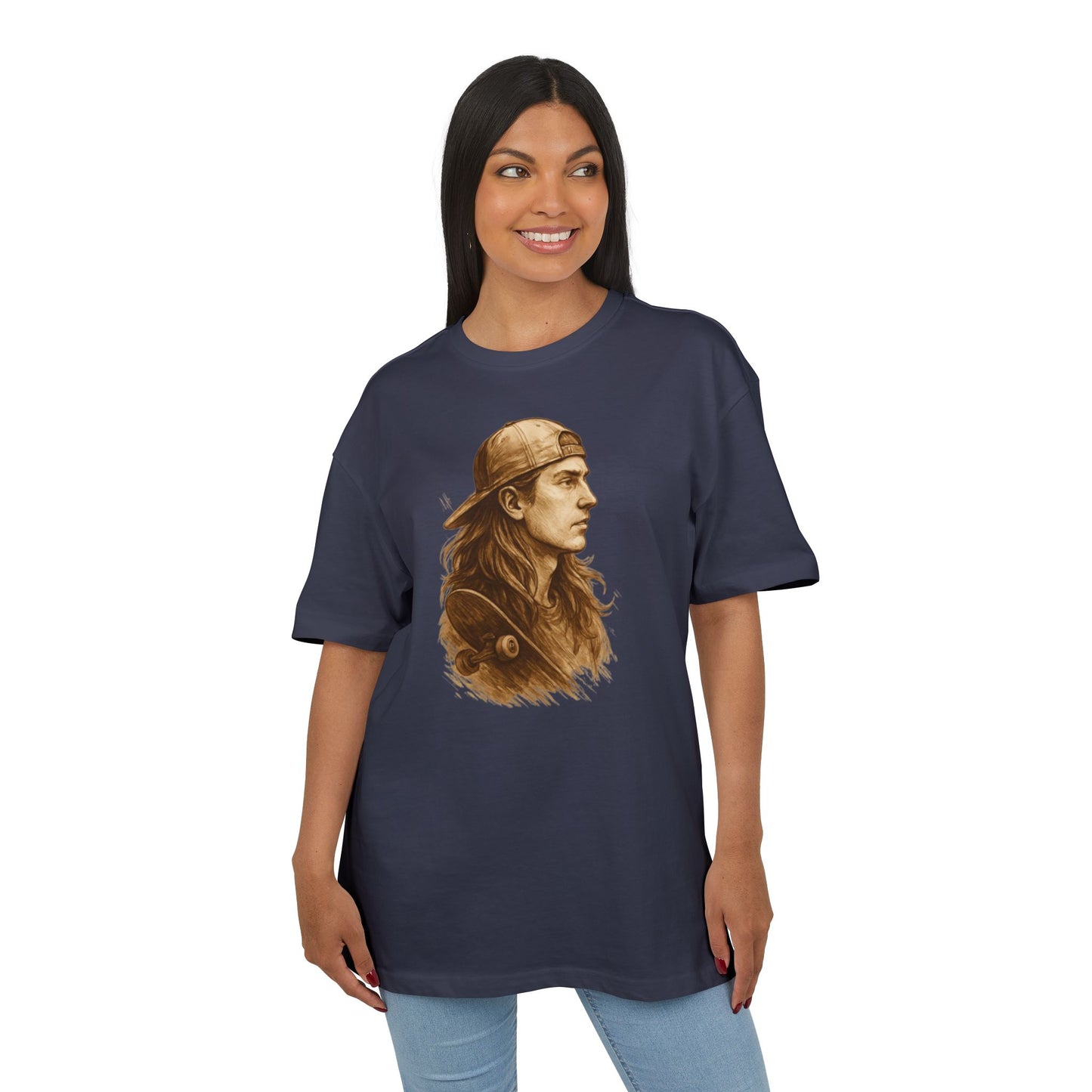 Skater Style T-Shirt (Brustprint) – Retro Kunst-Design mit Langhaar-Skater und Cap – Vintage Skateboard Look
