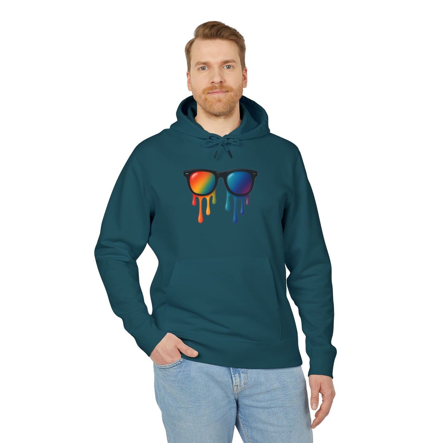 Melting Shades Hoodie (Brustprint) – Stylischer Unisex Hoodie mit bunter Sonnenbrille & Tropf-Effekt | Retro Streetwear für Sommer & Festival