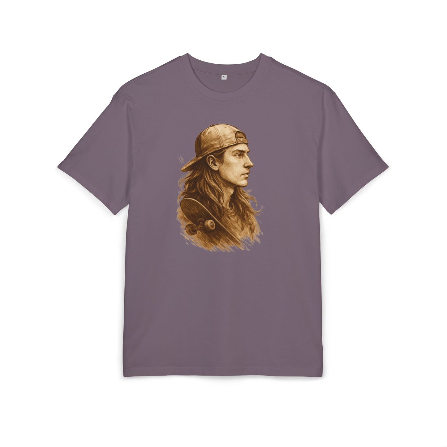 Skater Style T-Shirt (Brustprint) – Retro Kunst-Design mit Langhaar-Skater und Cap – Vintage Skateboard Look