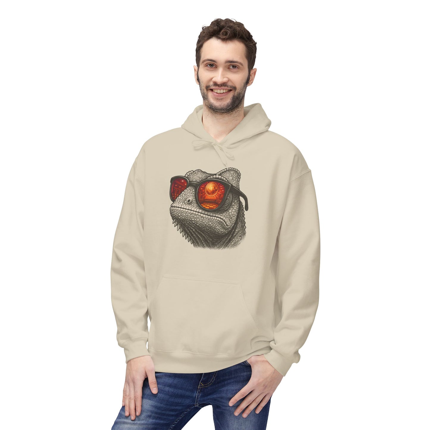 Chamäleon Hoodie Unisex (Brustprint) – Retro Tiermotiv mit Sonnenbrille & Disco-Design – Lustiger Kapuzenpullover für Festival, Streetwear & Geschenkideen