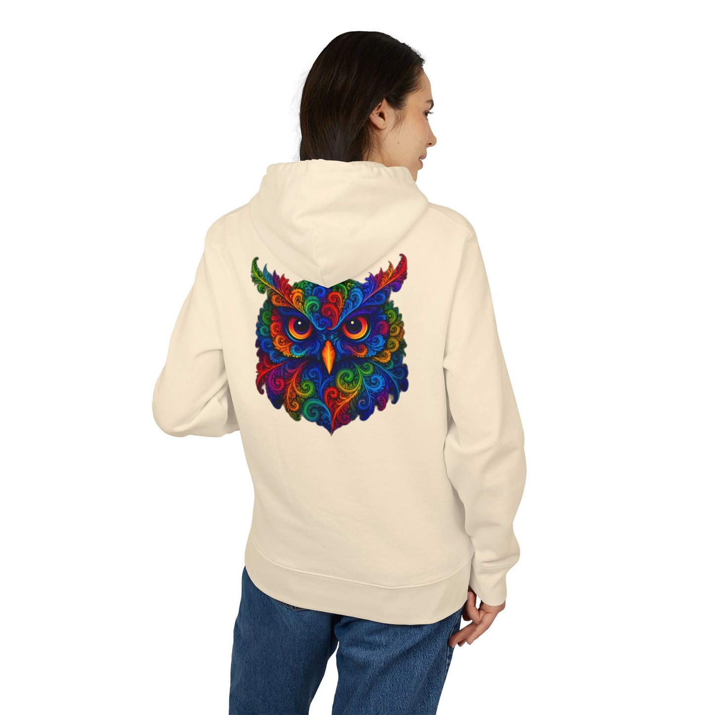 Bunter Eulen Hoodie (Rückenprint) – Psychedelischer Boho Kapuzenpullover mit Tiermotiv – Unisex Streetwear für Kunst- & Festival-Fans