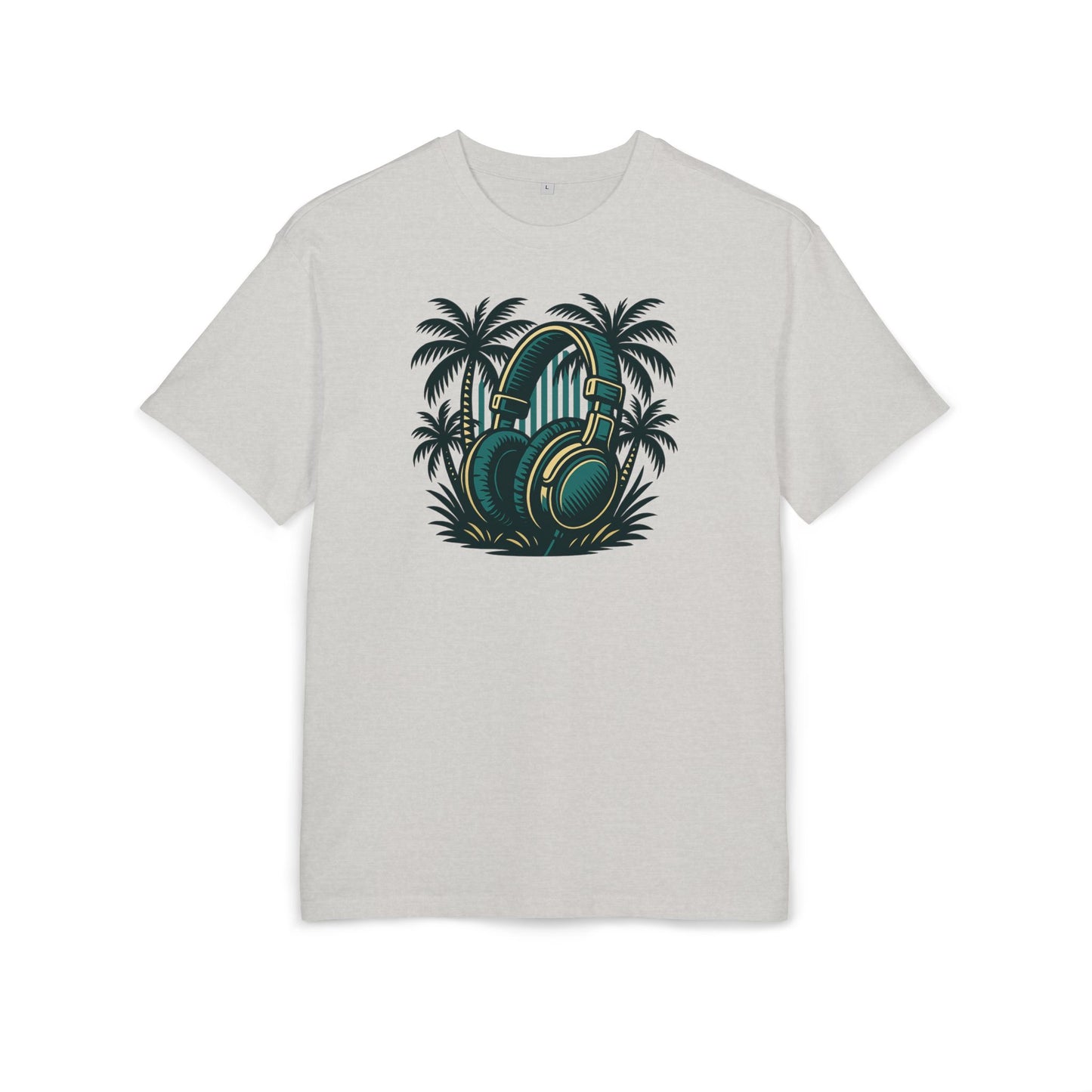 Retro T-Shirt mit Kopfhörer & Palmen (Brustprint)– Musik & Beach Vibes im Vintage Look