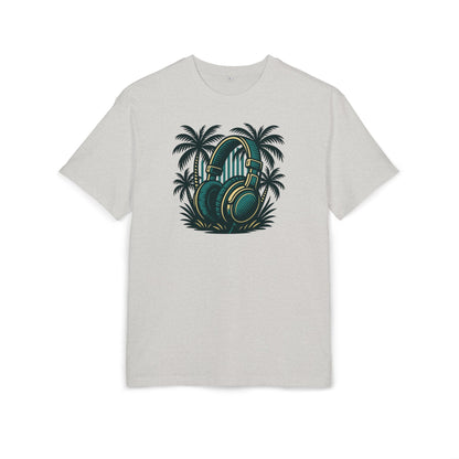 Retro T-Shirt mit Kopfhörer & Palmen (Brustprint)– Musik & Beach Vibes im Vintage Look