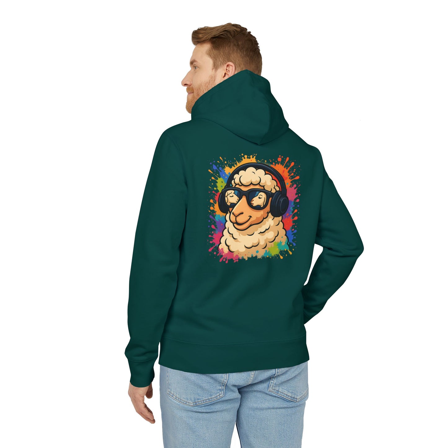Schaf Hoodie (Rückenprint) – Lustiger Unisex Kapuzenpullover mit Kopfhörer-Schaf & buntem Farbspritzer-Design