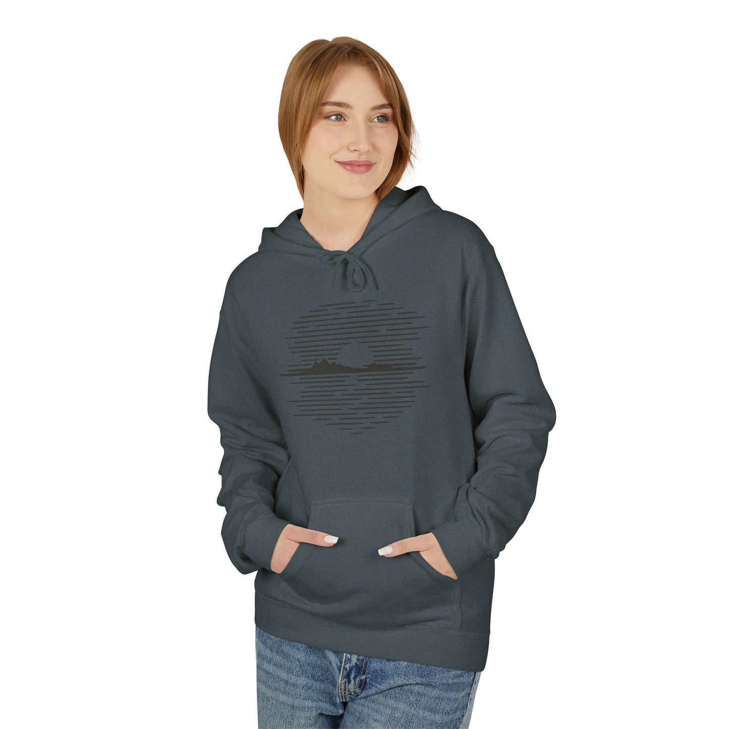 Unisex Hoodie mit Berg-Sonnenuntergang Design (Brustprint) – Minimalistischer Natur Pullover aus Baumwolle