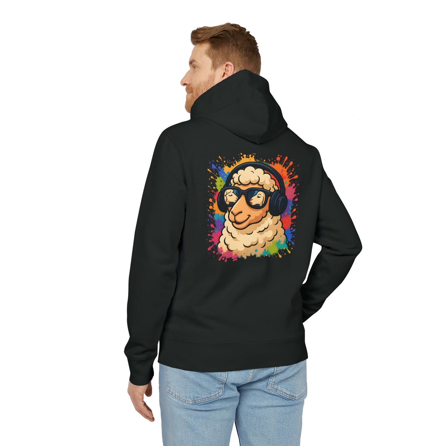 Schaf Hoodie (Rückenprint) – Lustiger Unisex Kapuzenpullover mit Kopfhörer-Schaf & buntem Farbspritzer-Design