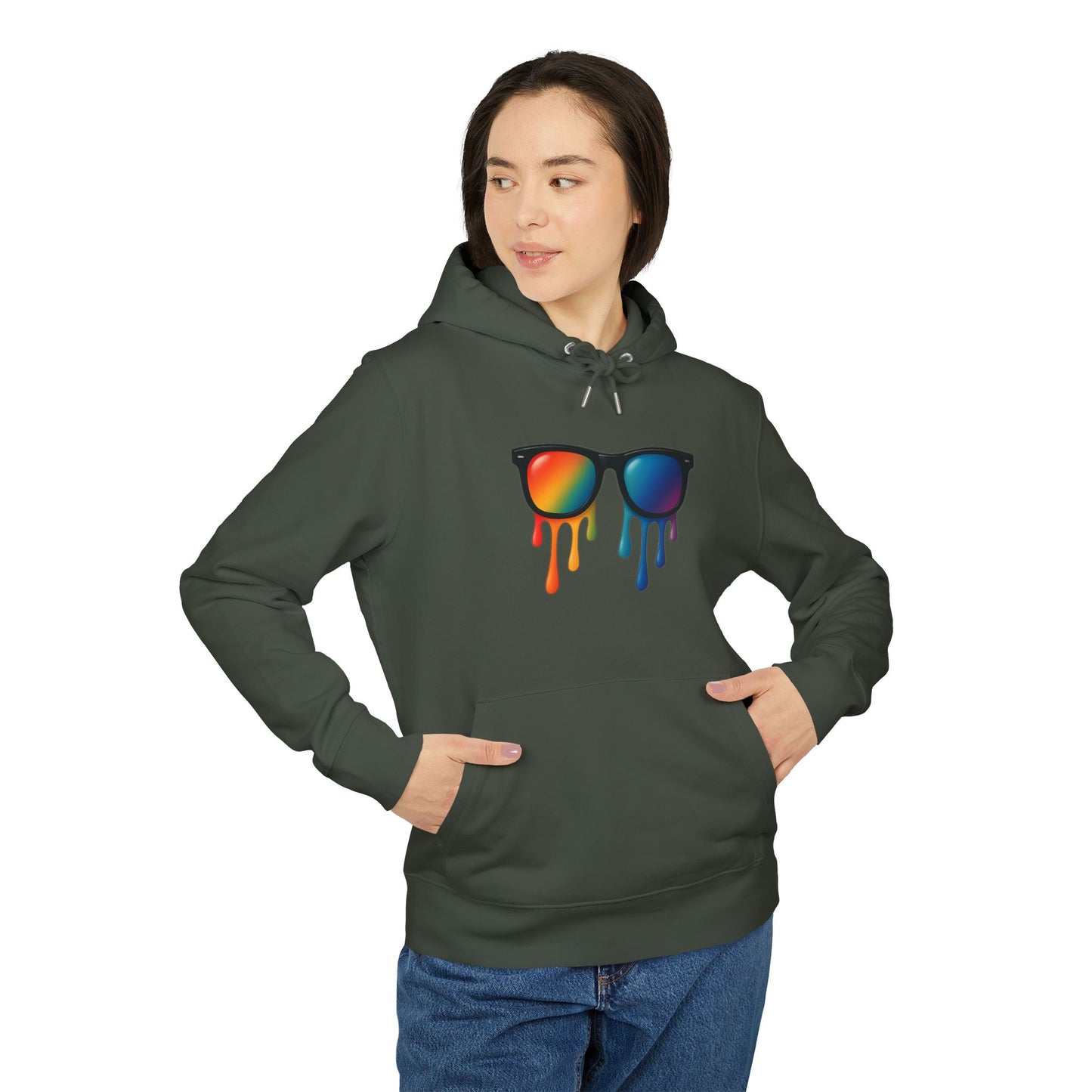 Melting Shades Hoodie (Brustprint) – Stylischer Unisex Hoodie mit bunter Sonnenbrille & Tropf-Effekt | Retro Streetwear für Sommer & Festival