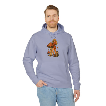 Vintage Pilz Fee & Igel Hoodie (Brustprint) – Retro Waldmotiv Kapuzenpullover für Natur- & Pilzliebhaber