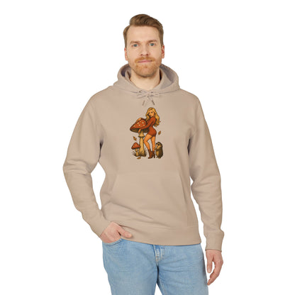 Vintage Pilz Fee & Igel Hoodie (Brustprint) – Retro Waldmotiv Kapuzenpullover für Natur- & Pilzliebhaber