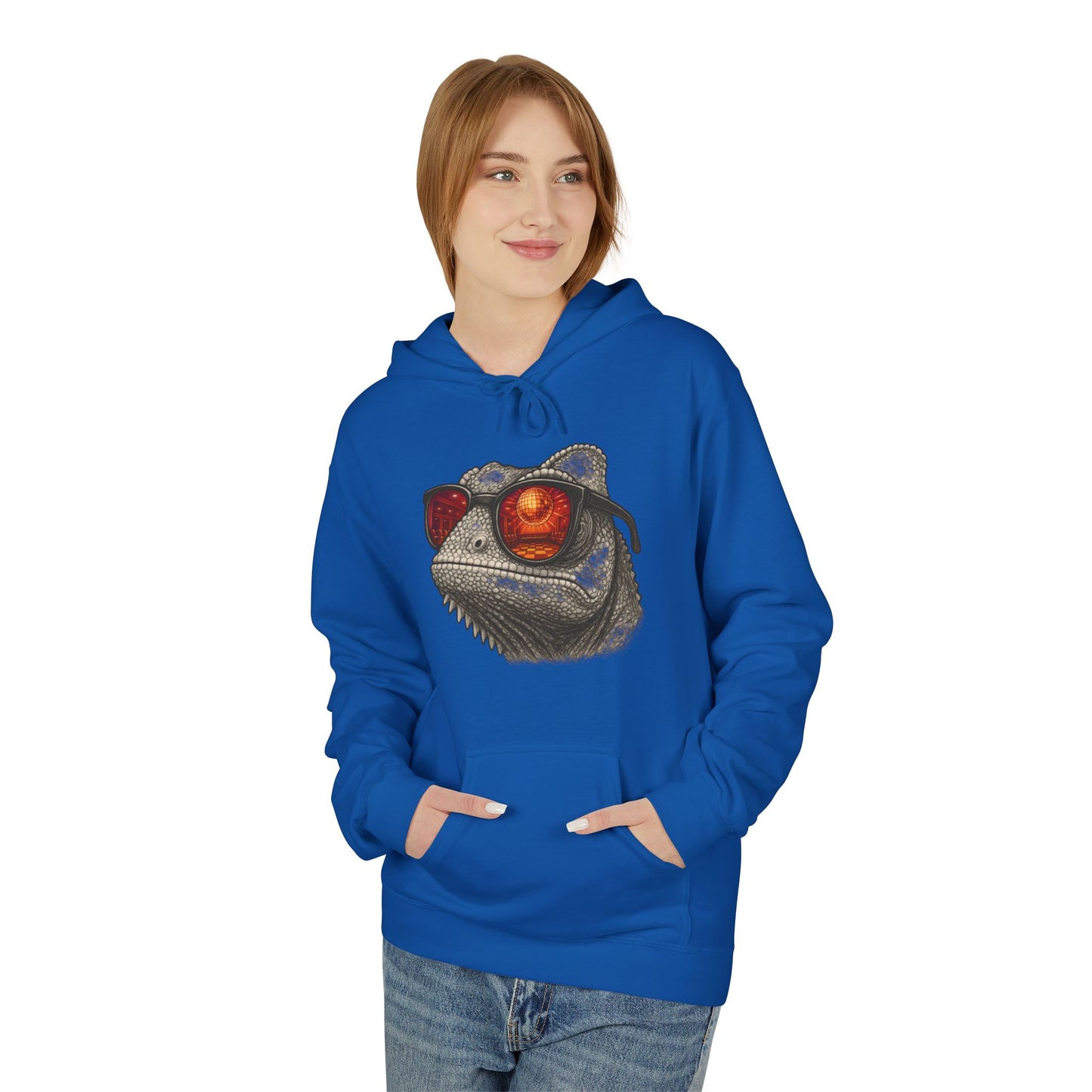 Chamäleon Hoodie Unisex (Brustprint) – Retro Tiermotiv mit Sonnenbrille & Disco-Design – Lustiger Kapuzenpullover für Festival, Streetwear & Geschenkideen