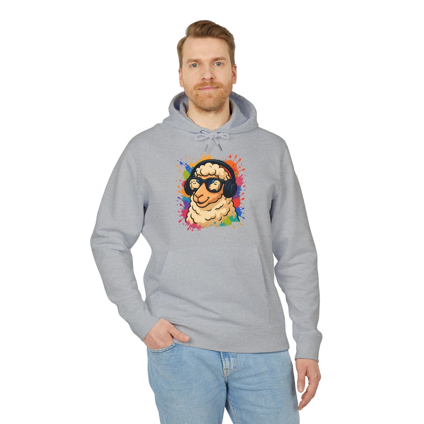 Schaf Hoodie (Brustprint) – Lustiger Unisex Kapuzenpullover mit Kopfhörer-Schaf & buntem Farbspritzer-Design