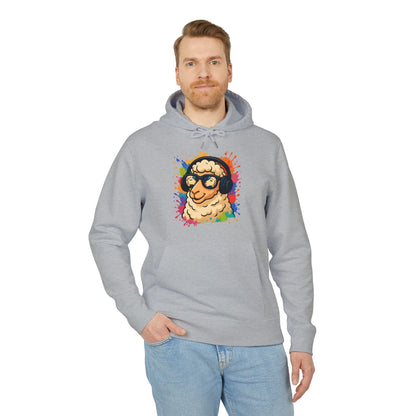 Schaf Hoodie (Brustprint) – Lustiger Unisex Kapuzenpullover mit Kopfhörer-Schaf & buntem Farbspritzer-Design