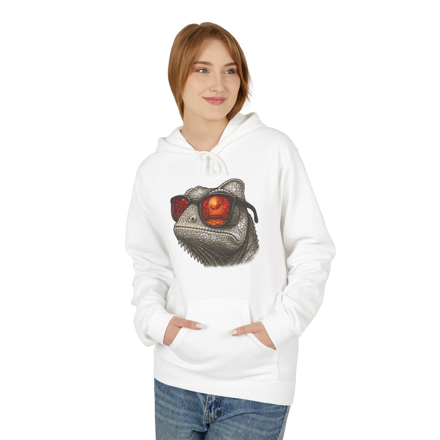 Chamäleon Hoodie Unisex (Brustprint) – Retro Tiermotiv mit Sonnenbrille & Disco-Design – Lustiger Kapuzenpullover für Festival, Streetwear & Geschenkideen