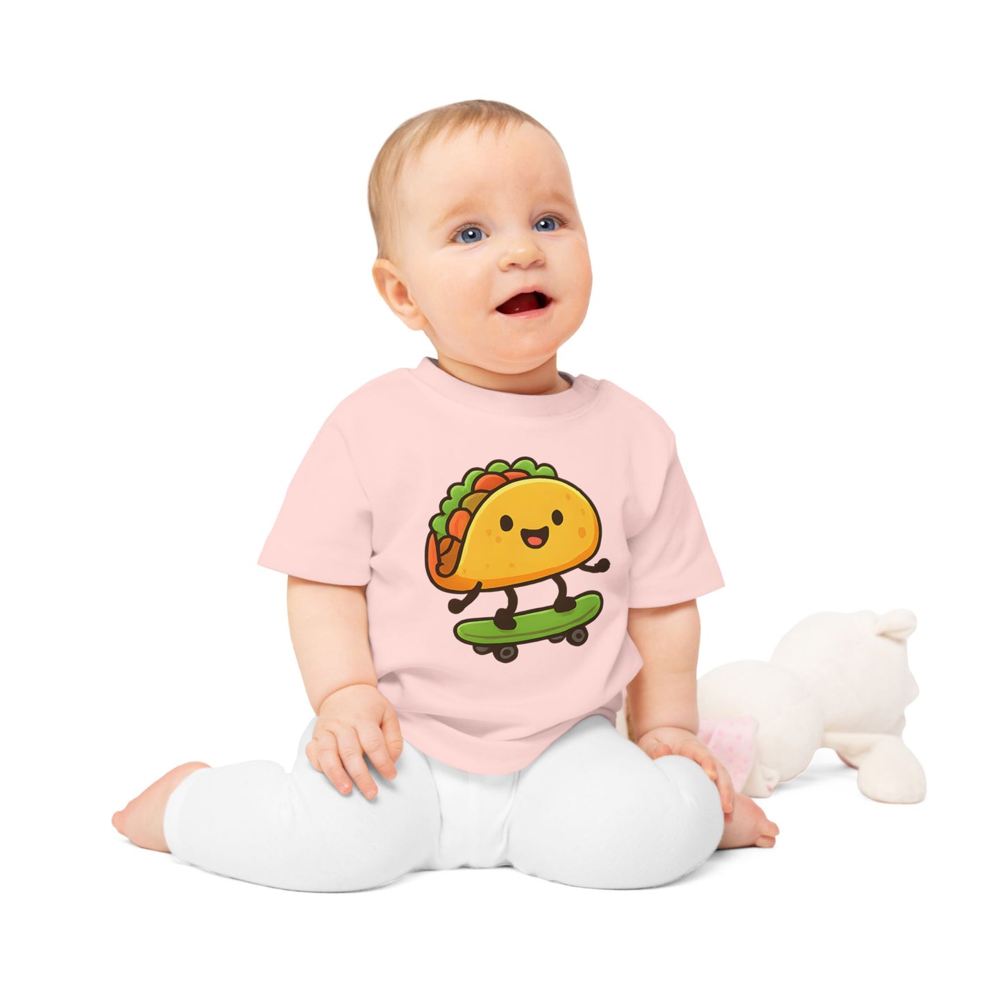 Baby T-Shirt „Taco Skater“ – Lustiges Taco-Motiv auf Skateboard, Bio-Baumwolle, nachhaltige Babybekleidung für kleine Trendsetter