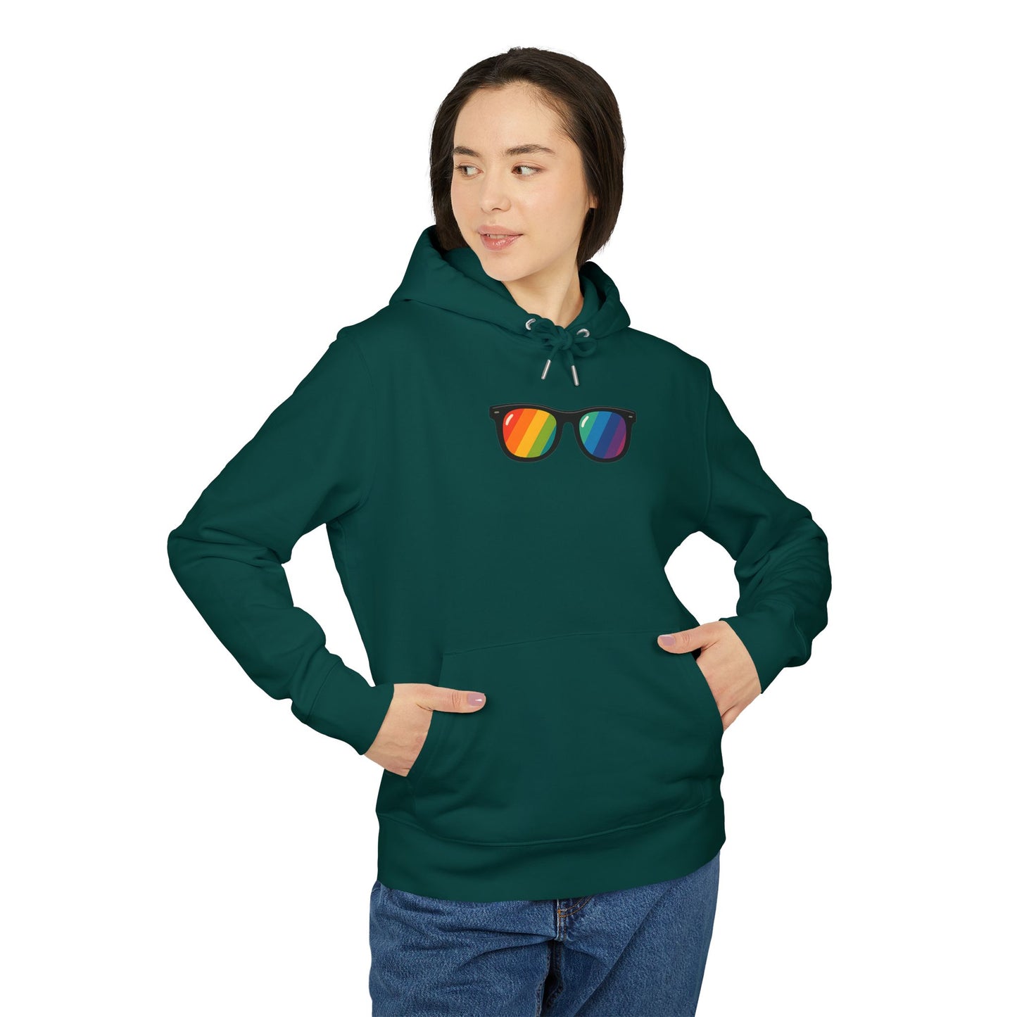 Regenbogen Sonnenbrille Hoodie (Brustprint) – Unisex Kapuzenpullover im bunten Pride Design für Festival & Streetwear