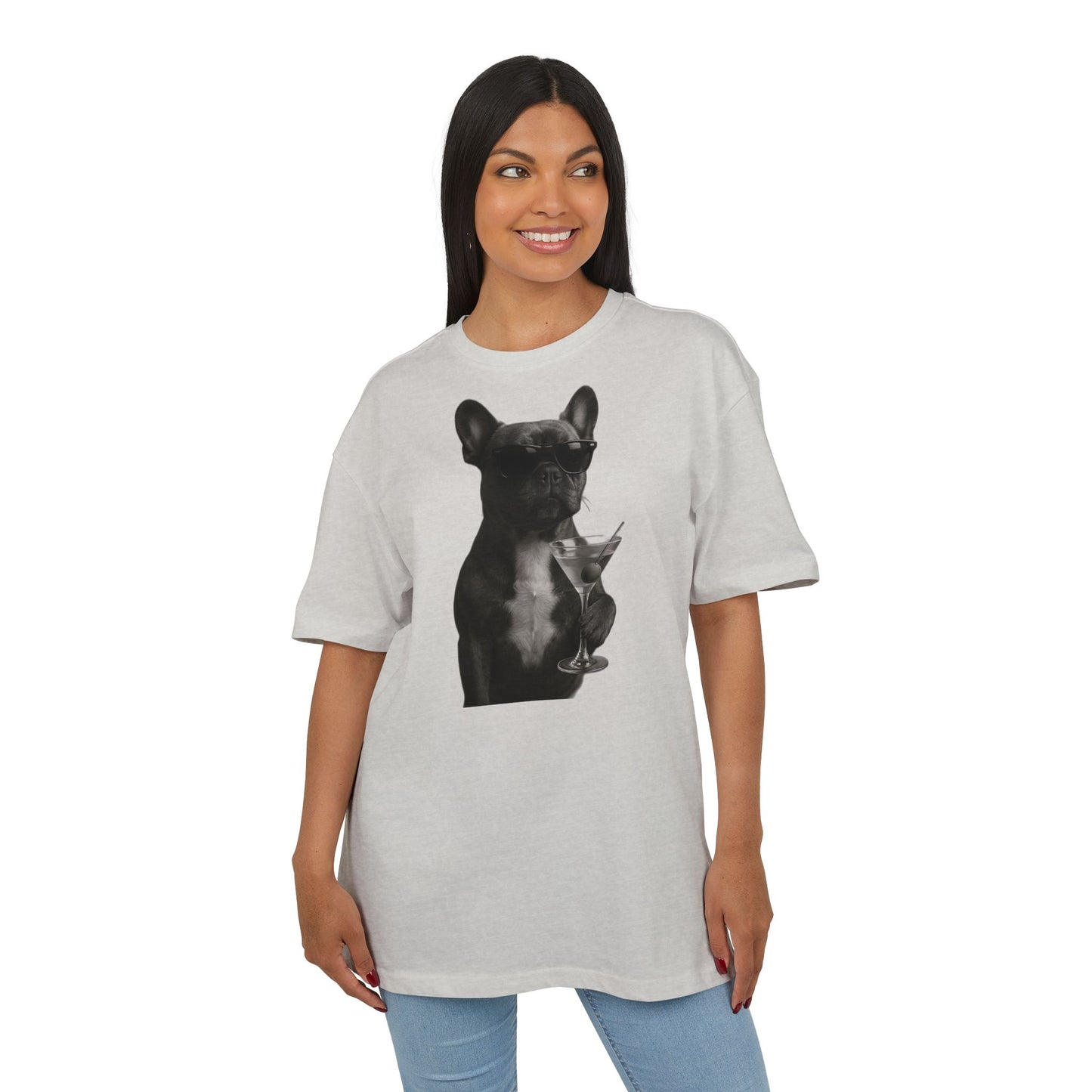 Cooler Hund T-Shirt (Brustprint) – Französische Bulldogge mit Sonnenbrille & Martini – Lustiges Tiermotiv für Unisex Streetwear