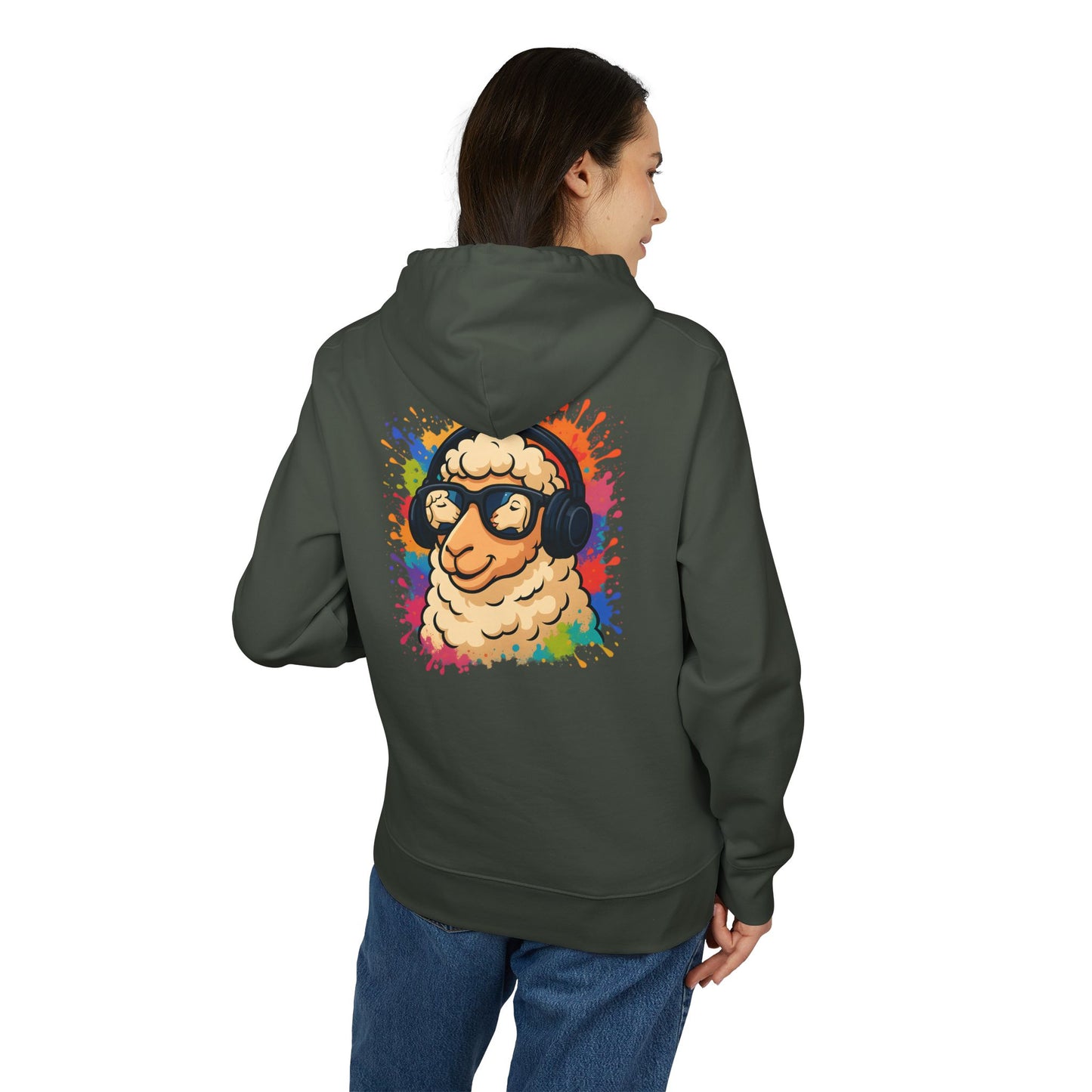 Schaf Hoodie (Rückenprint) – Lustiger Unisex Kapuzenpullover mit Kopfhörer-Schaf & buntem Farbspritzer-Design