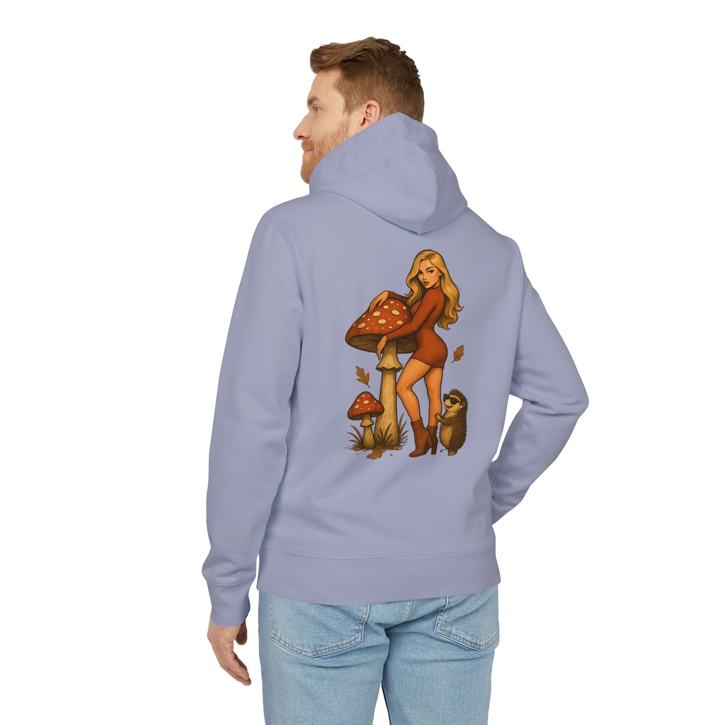 Vintage Pilz Fee & Igel Hoodie (Rückenprint) – Retro Waldmotiv Kapuzenpullover für Natur- & Pilzliebhaber