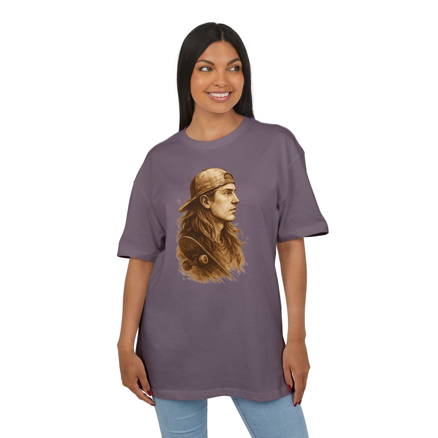 Skater Style T-Shirt (Brustprint) – Retro Kunst-Design mit Langhaar-Skater und Cap – Vintage Skateboard Look