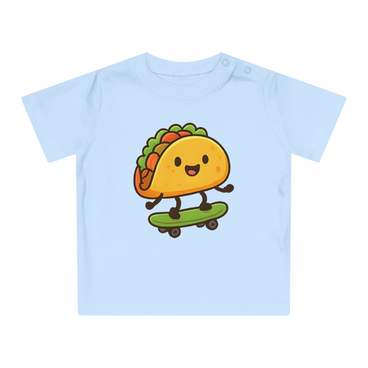 Baby T-Shirt „Taco Skater“ – Lustiges Taco-Motiv auf Skateboard, Bio-Baumwolle, nachhaltige Babybekleidung für kleine Trendsetter