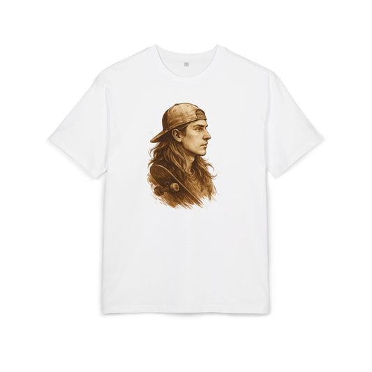Skater Style T-Shirt (Brustprint) – Retro Kunst-Design mit Langhaar-Skater und Cap – Vintage Skateboard Look