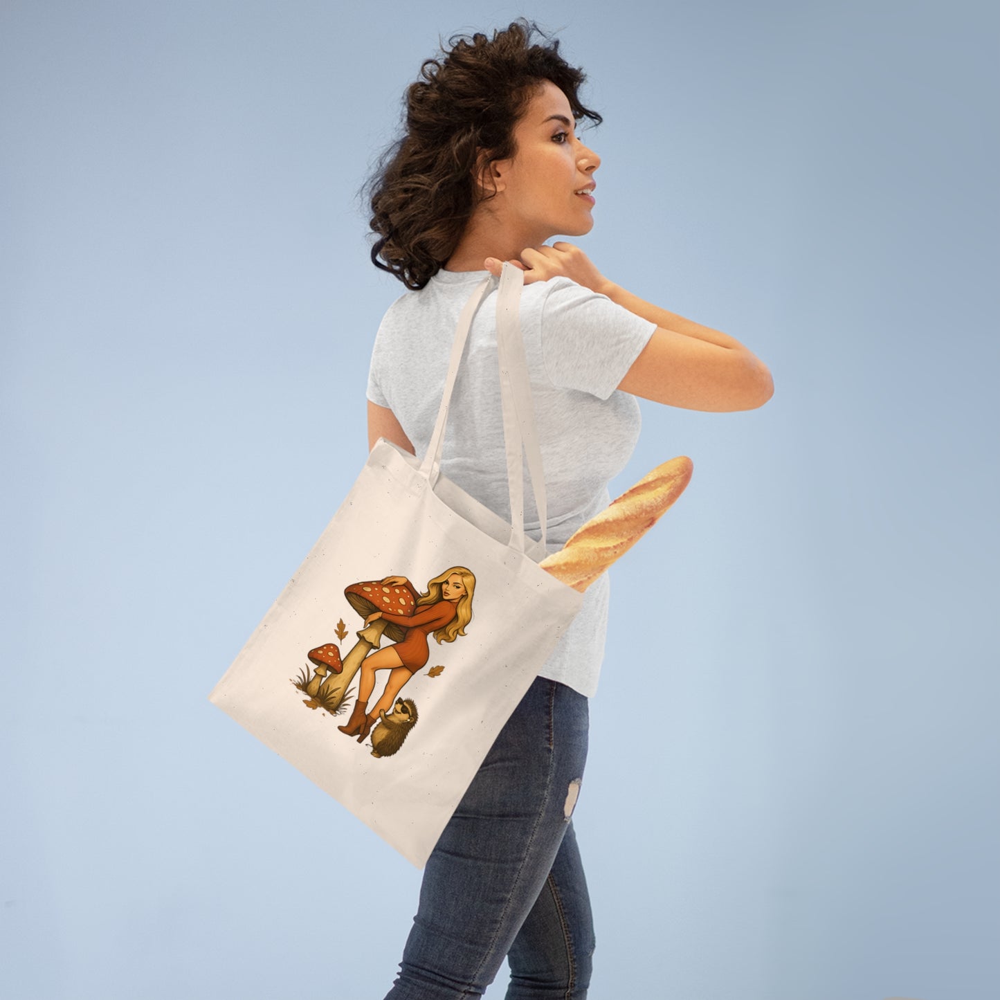 Vintage Pilz Fee & Igel Jutebeutel – Retro Waldmotiv Stofftasche für Natur- & Pilzliebhaber