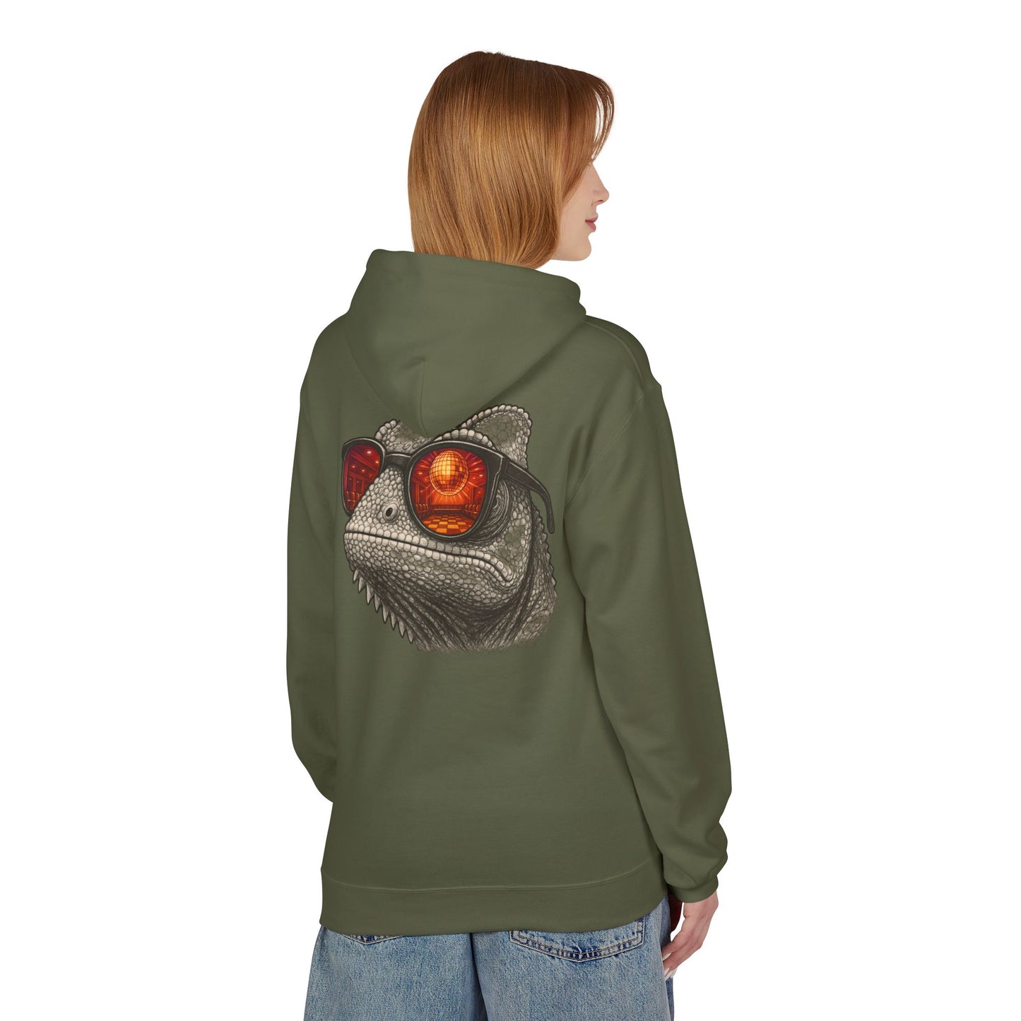 Chamäleon Hoodie Unisex (Rückenprint) – Retro Tiermotiv mit Sonnenbrille & Disco-Design – Lustiger Kapuzenpullover für Festival, Streetwear & Geschenkideen