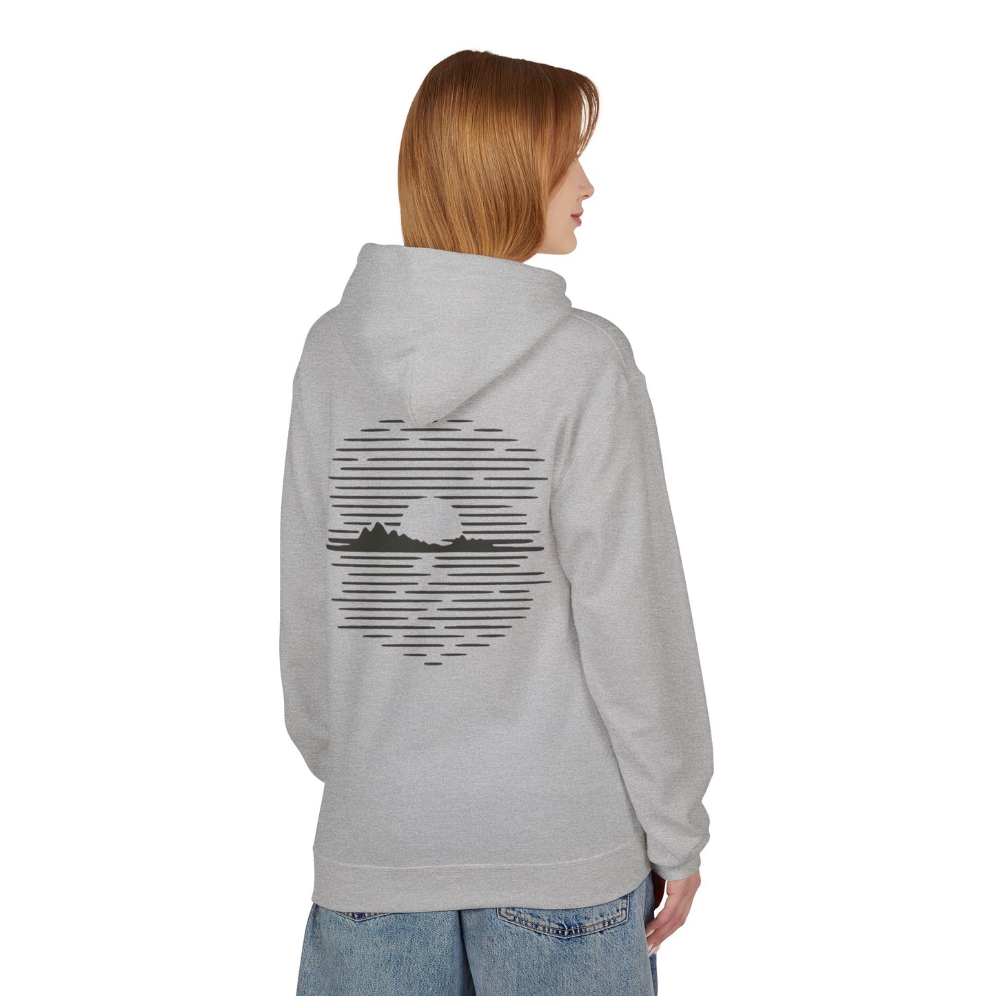 Unisex Hoodie mit Berg-Sonnenuntergang Design (Rückenprint) – Minimalistischer Natur Pullover aus Baumwolle